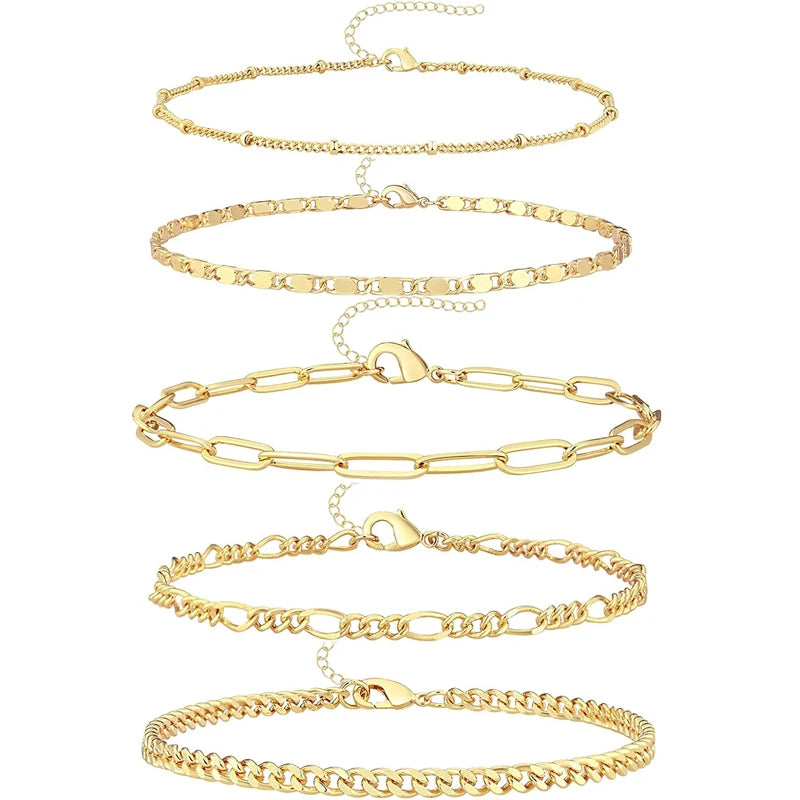 5PCS Ankle Bracelets for Women Teen Girls, 14K Gold Plated Waterproof Layered Cuban Figaro Link Chain Anklets Set