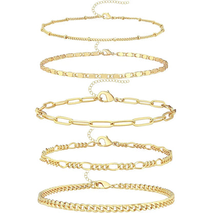 5PCS Ankle Bracelets for Women Teen Girls, 14K Gold Plated Waterproof Layered Cuban Figaro Link Chain Anklets Set