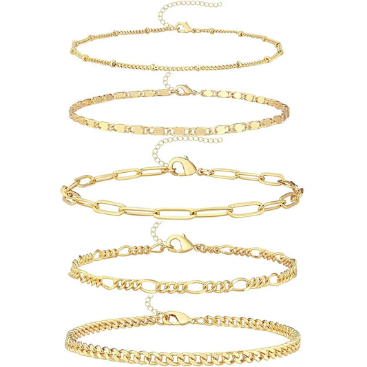 5PCS Ankle Bracelets for Women Teen Girls, 14K Gold Plated Waterproof Layered Cuban Figaro Link Chain Anklets Set